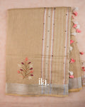 Beige French Knot Embroidered Linen Saree