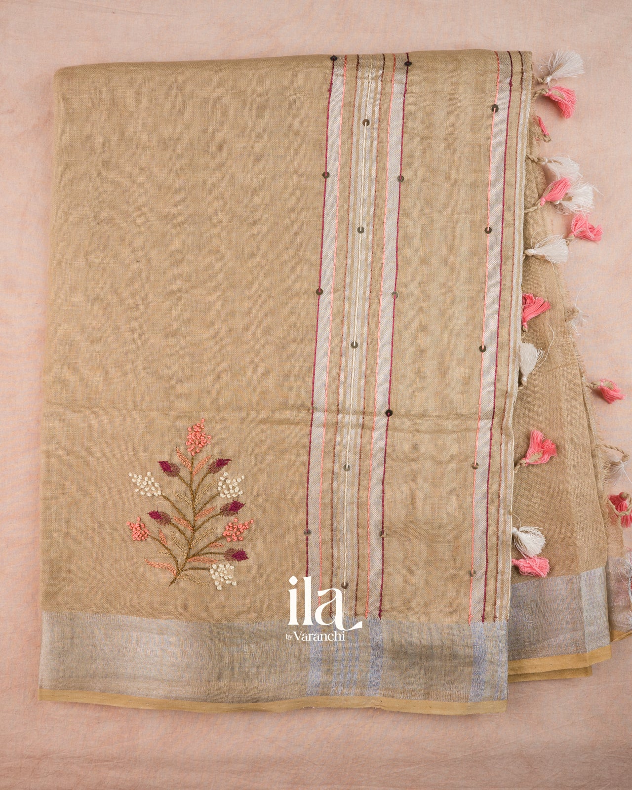 Beige French Knot Embroidered Linen Saree