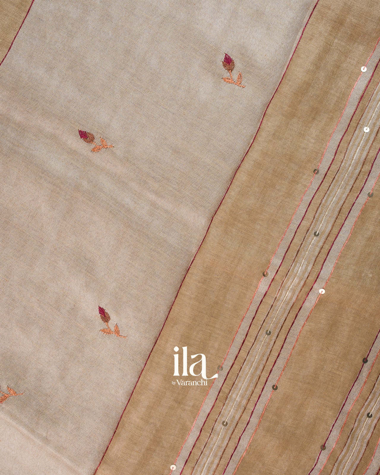 Beige French Knot Embroidered Linen Saree