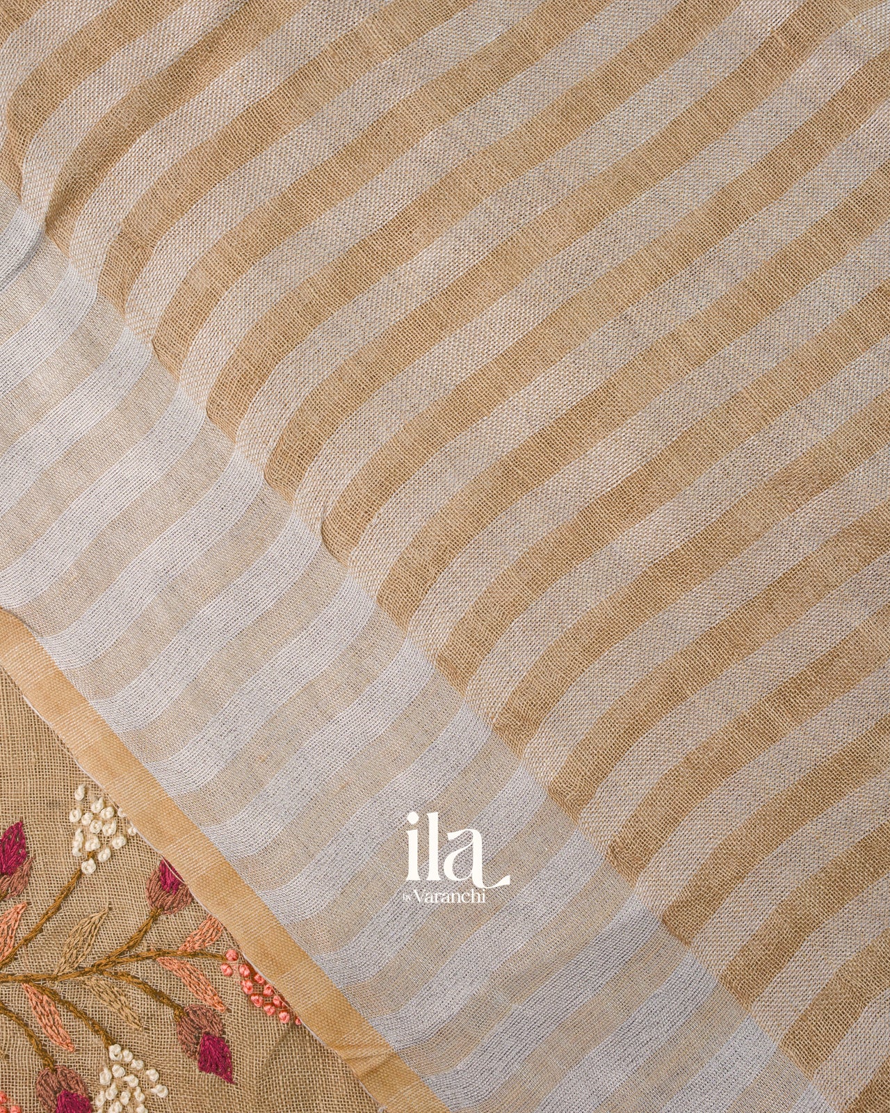 Beige French Knot Embroidered Linen Saree