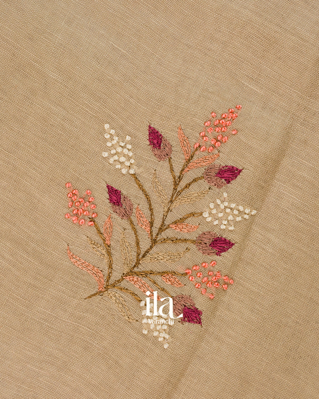 Beige French Knot Embroidered Linen Saree