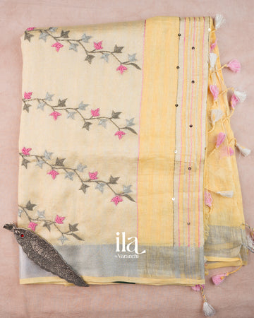 Ivory French Knot Embroidered Pure Linen Saree