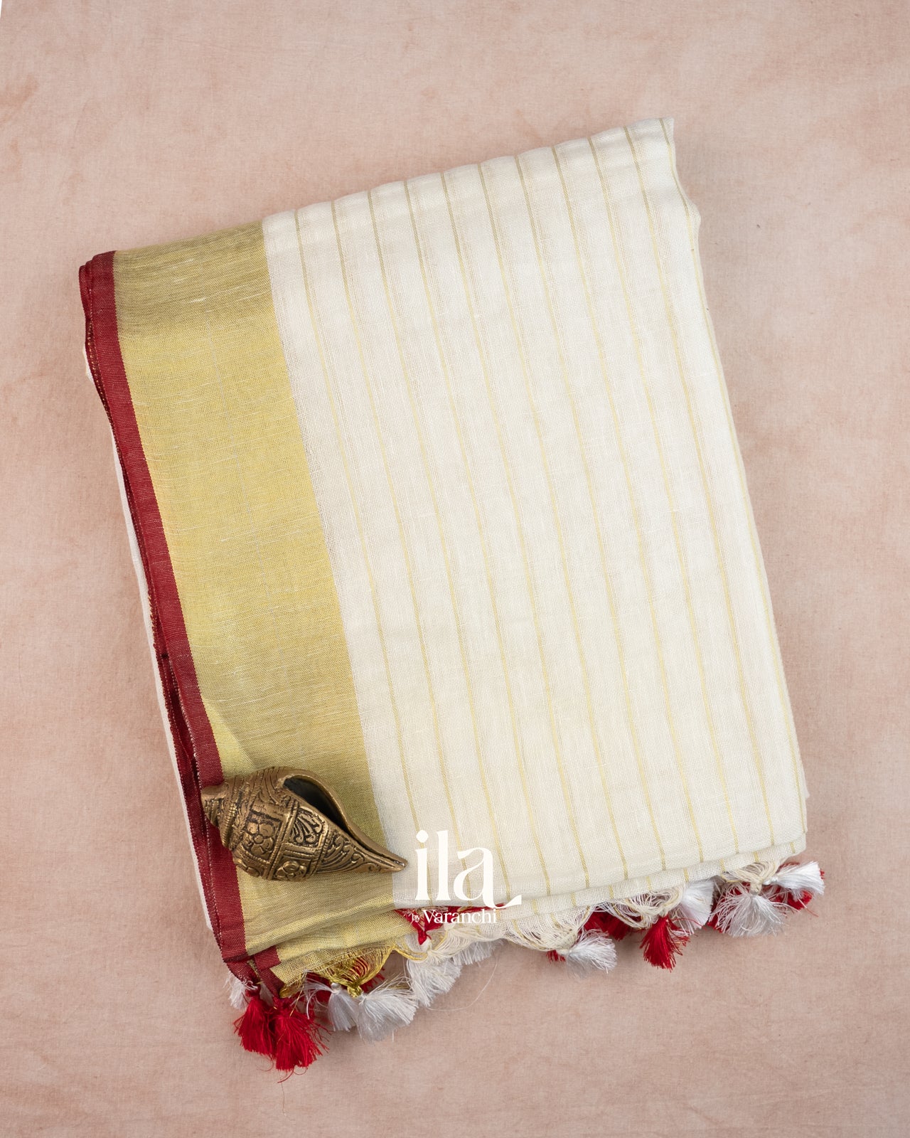Ivory Striped Pure Linen Saree