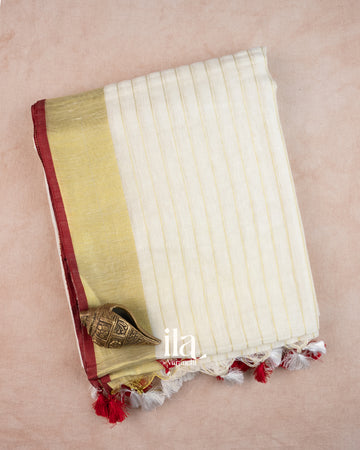 Ivory Striped Pure Linen Saree