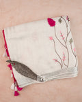 Ivory French Knot Embroidered Pure Linen Saree