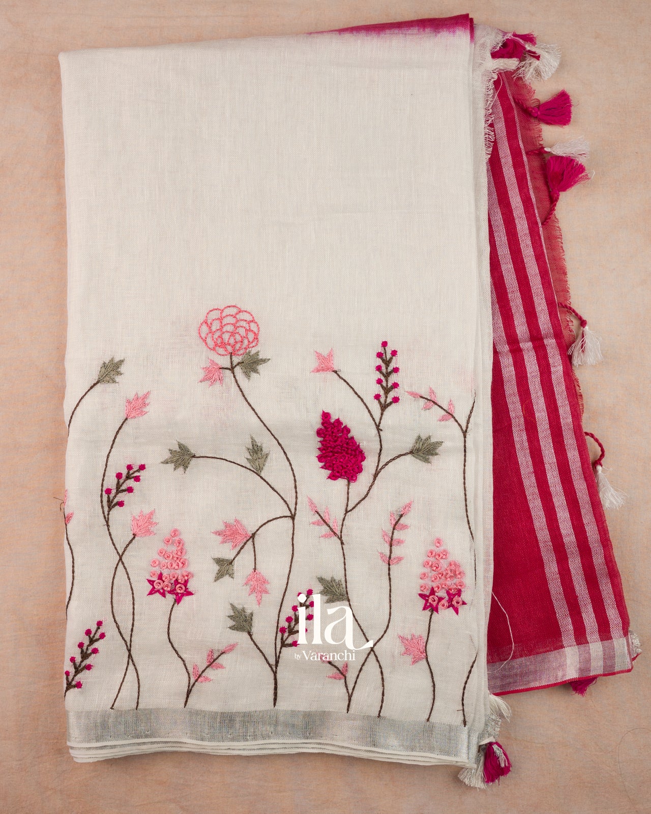 Ivory French Knot Embroidered Pure Linen Saree
