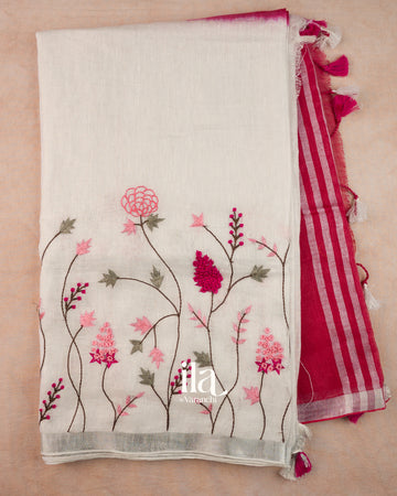 Ivory French Knot Embroidered Pure Linen Saree