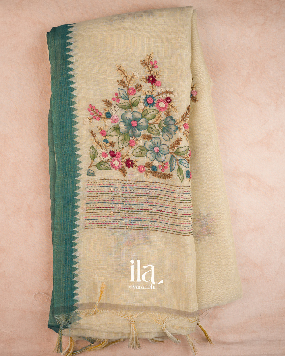 Beige Floral Embroidered Semi Linen Tissue Saree