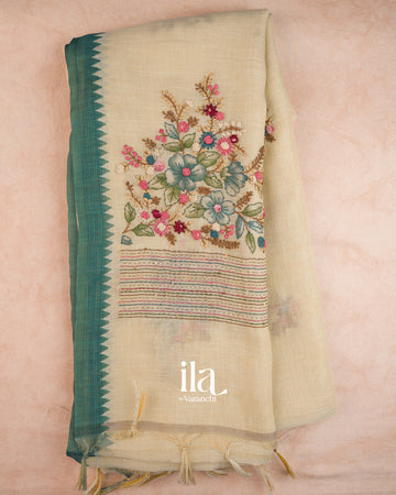 Beige Floral Embroidered Semi Linen Tissue Saree