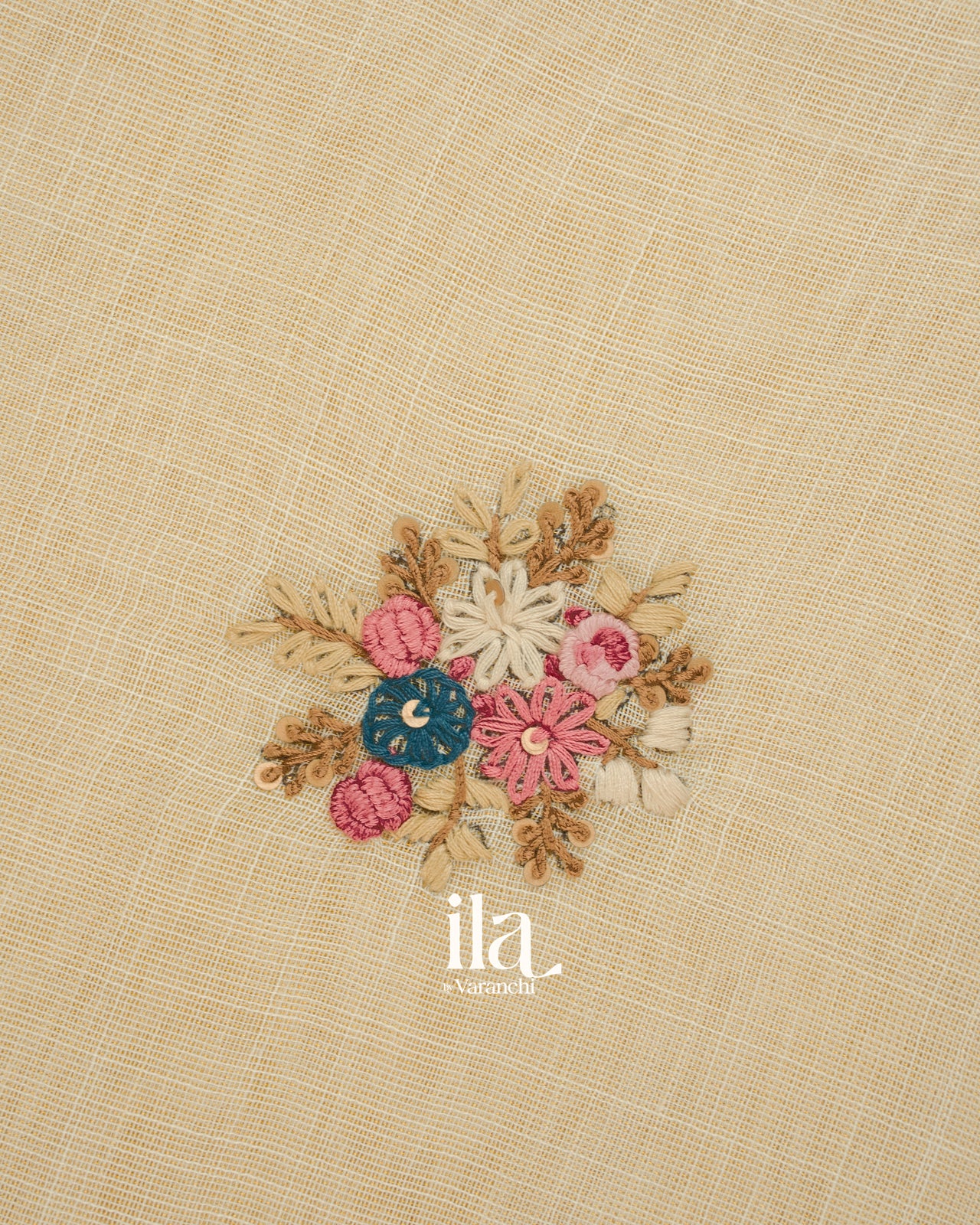 Beige Floral Embroidered Semi Linen Tissue Saree