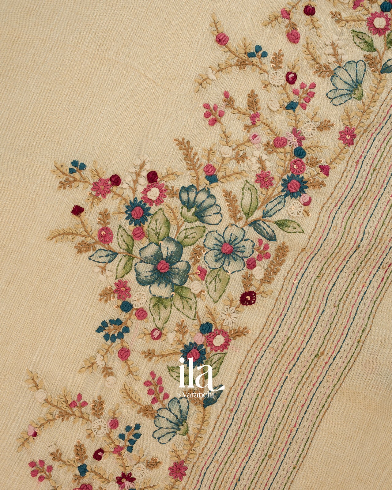Beige Floral Embroidered Semi Linen Tissue Saree