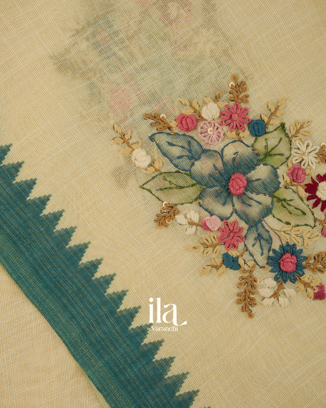 Beige Floral Embroidered Semi Linen Tissue Saree