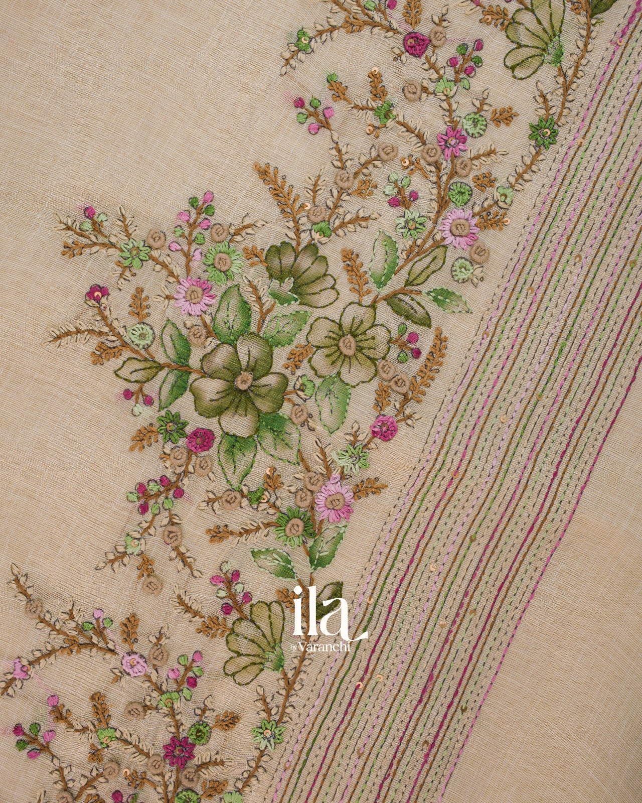 Beige Floral Embroidered Semi Linen Tissue Saree
