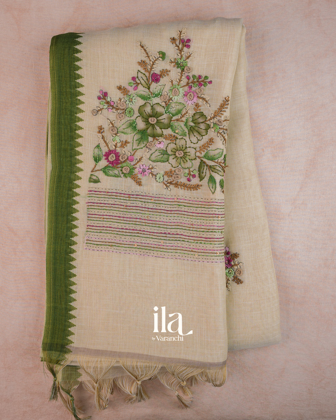 Beige Floral Embroidered Semi Linen Tissue Saree