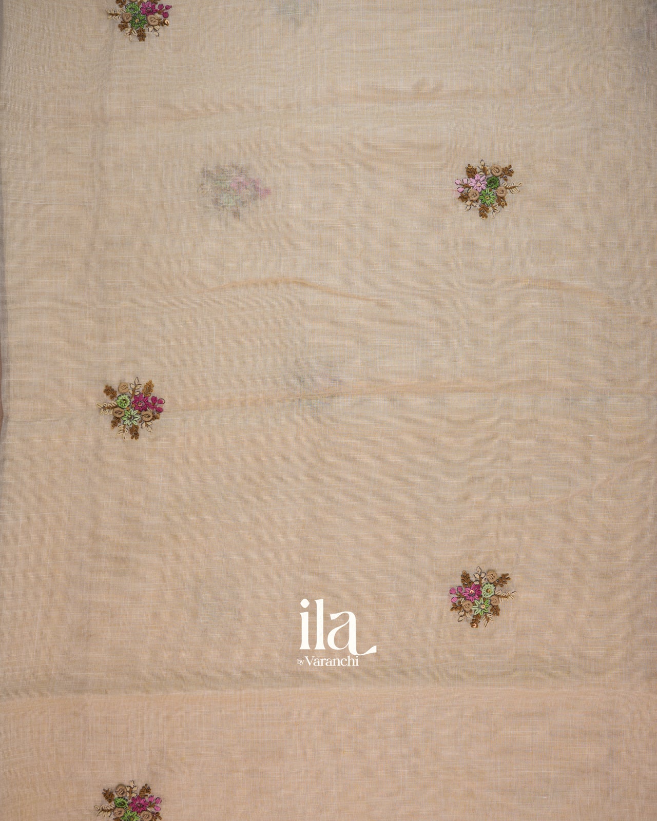 Beige Floral Embroidered Semi Linen Tissue Saree