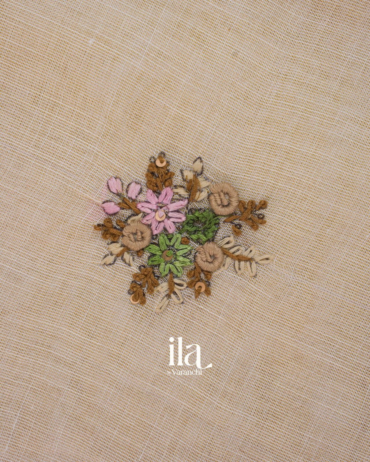Beige Floral Embroidered Semi Linen Tissue Saree