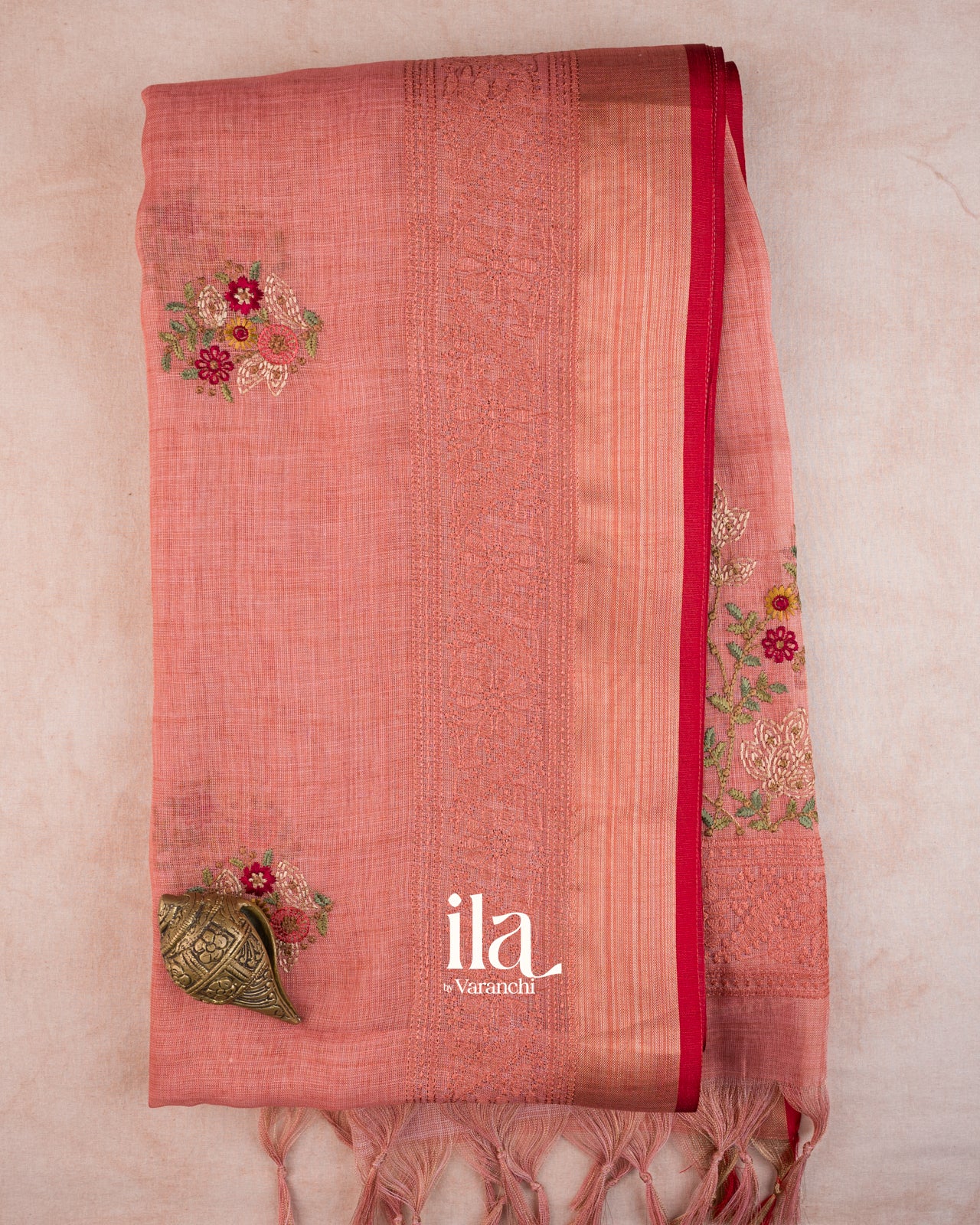 Dusty Rose Floral Embroidered Floral Semi Linen Saree