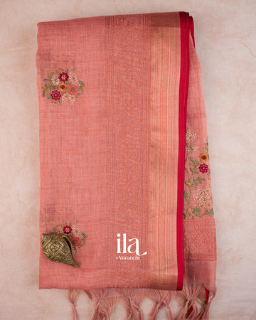 Dusty Rose Floral Embroidered Floral Semi Linen Saree