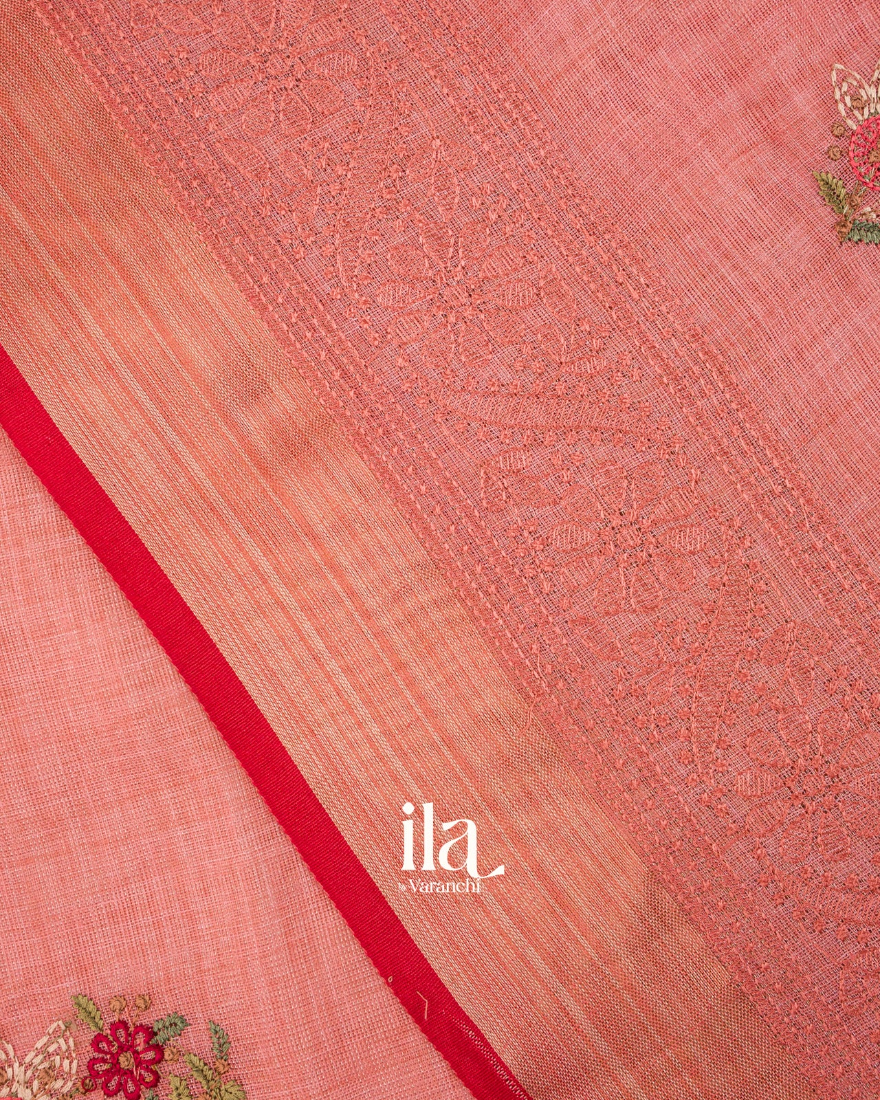 Dusty Rose Floral Embroidered Floral Semi Linen Saree