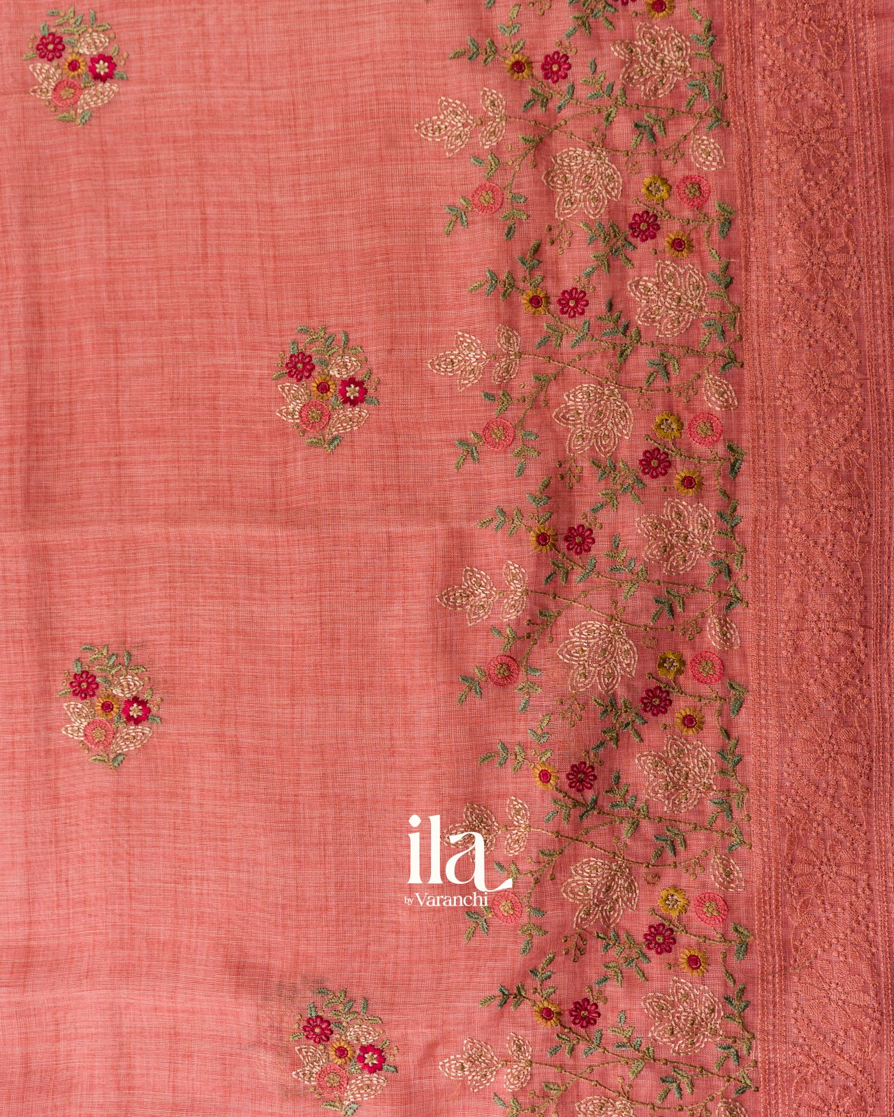 Dusty Rose Floral Embroidered Floral Semi Linen Saree