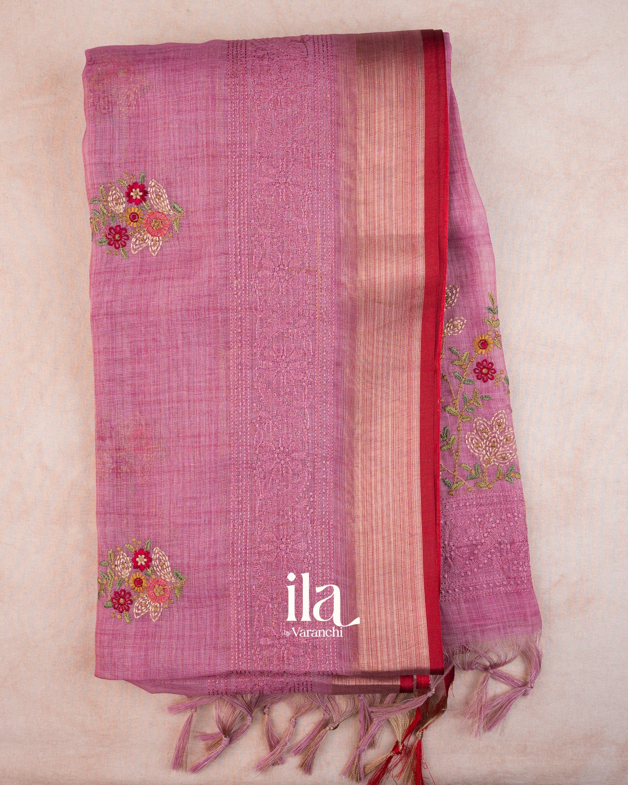 Muted Rose Floral Embroidered Floral Semi Linen Saree