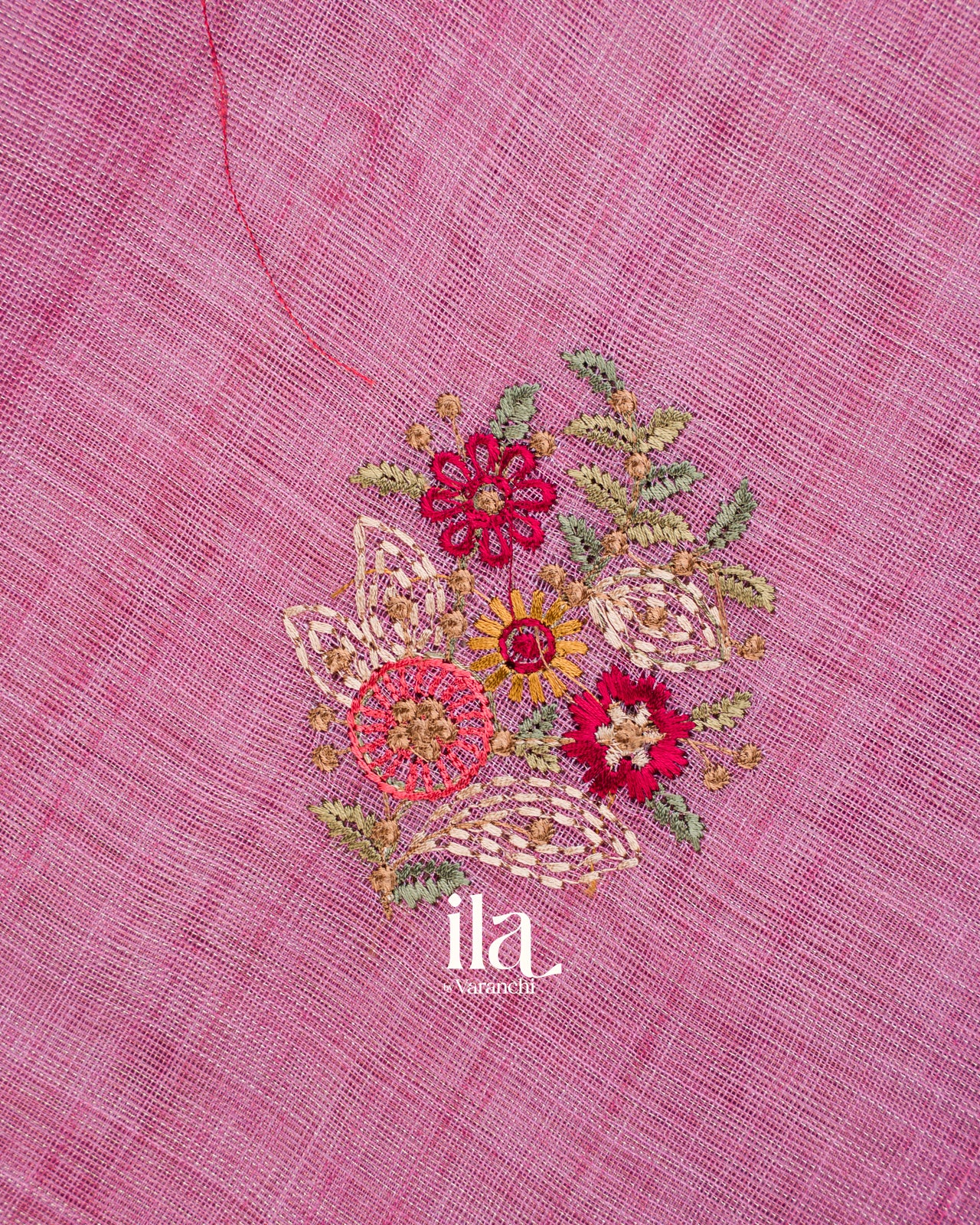 Muted Rose Floral Embroidered Floral Semi Linen Saree