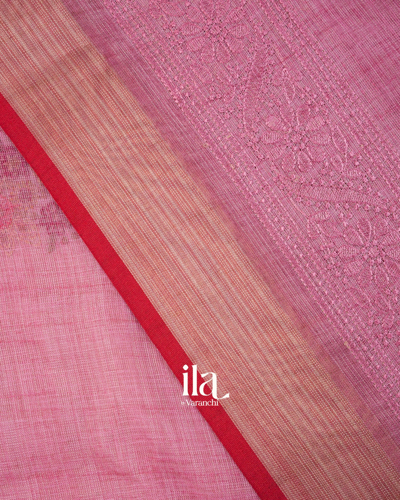 Muted Rose Floral Embroidered Floral Semi Linen Saree