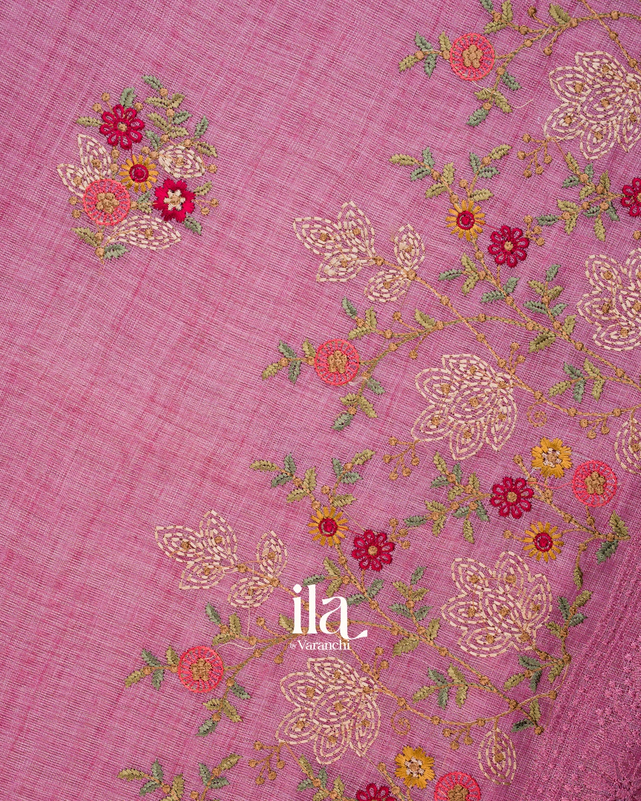 Muted Rose Floral Embroidered Floral Semi Linen Saree