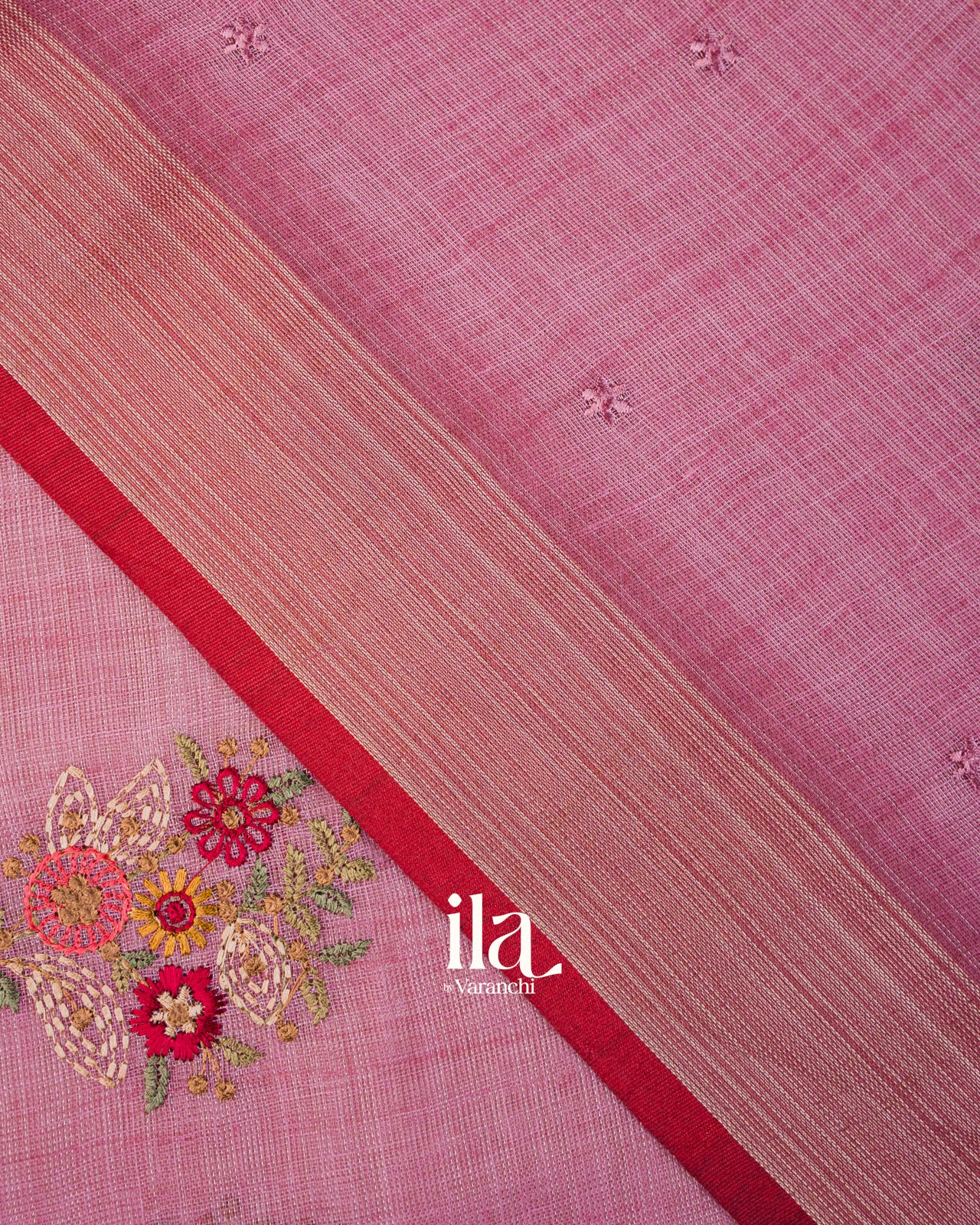 Muted Rose Floral Embroidered Floral Semi Linen Saree