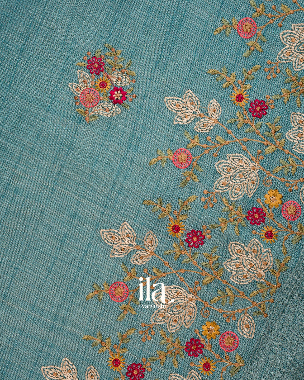 Powder Blue Floral Embroidered Floral Semi Linen Saree