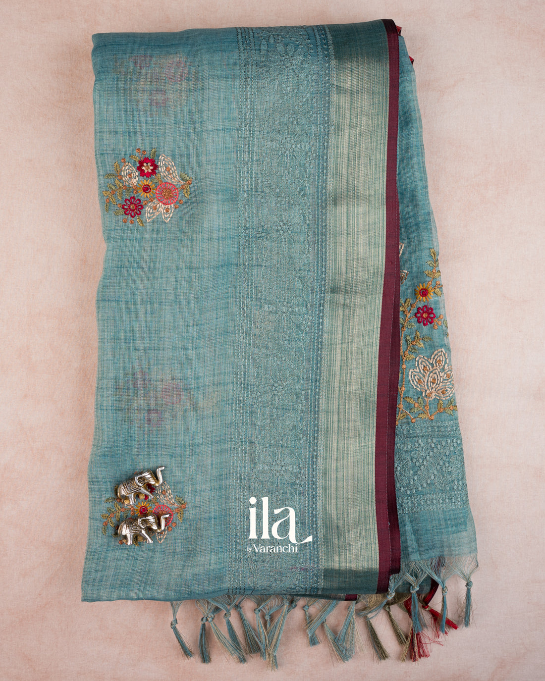 Powder Blue Floral Embroidered Floral Semi Linen Saree