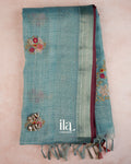 Powder Blue Floral Embroidered Floral Semi Linen Saree