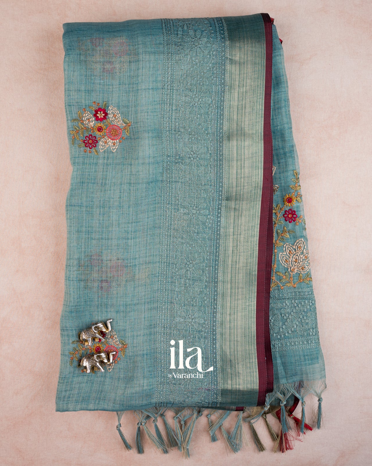 Powder Blue Floral Embroidered Floral Semi Linen Saree