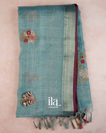 Powder Blue Floral Embroidered Floral Semi Linen Saree
