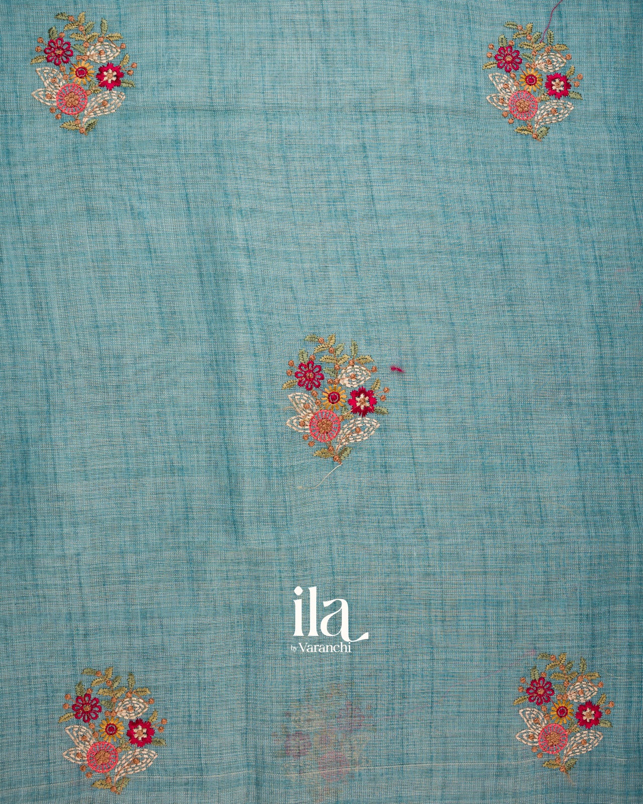 Powder Blue Floral Embroidered Floral Semi Linen Saree