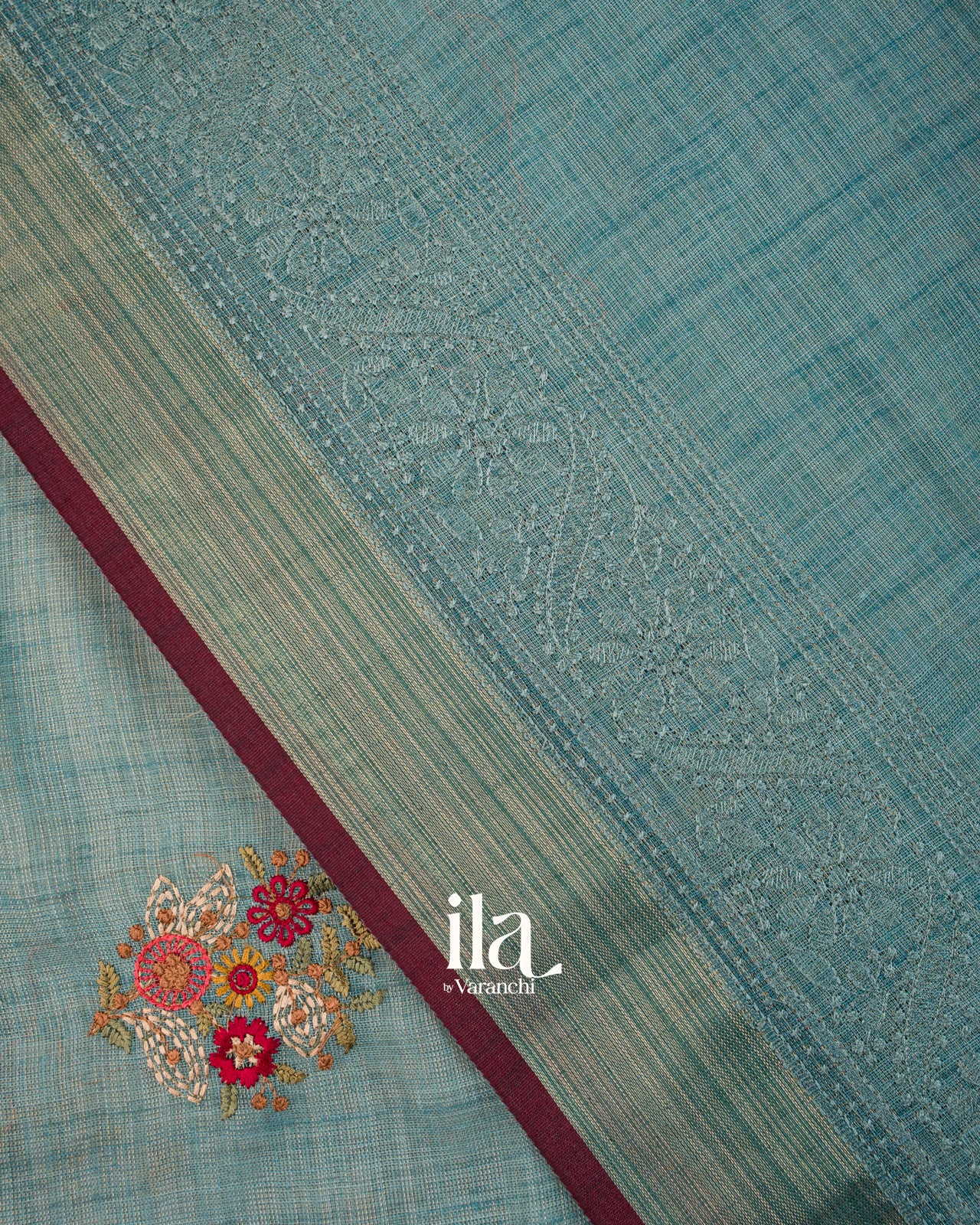Powder Blue Floral Embroidered Floral Semi Linen Saree