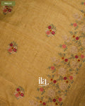 Muted Yellow Floral Embroidered Floral Semi Linen Saree — Pallu