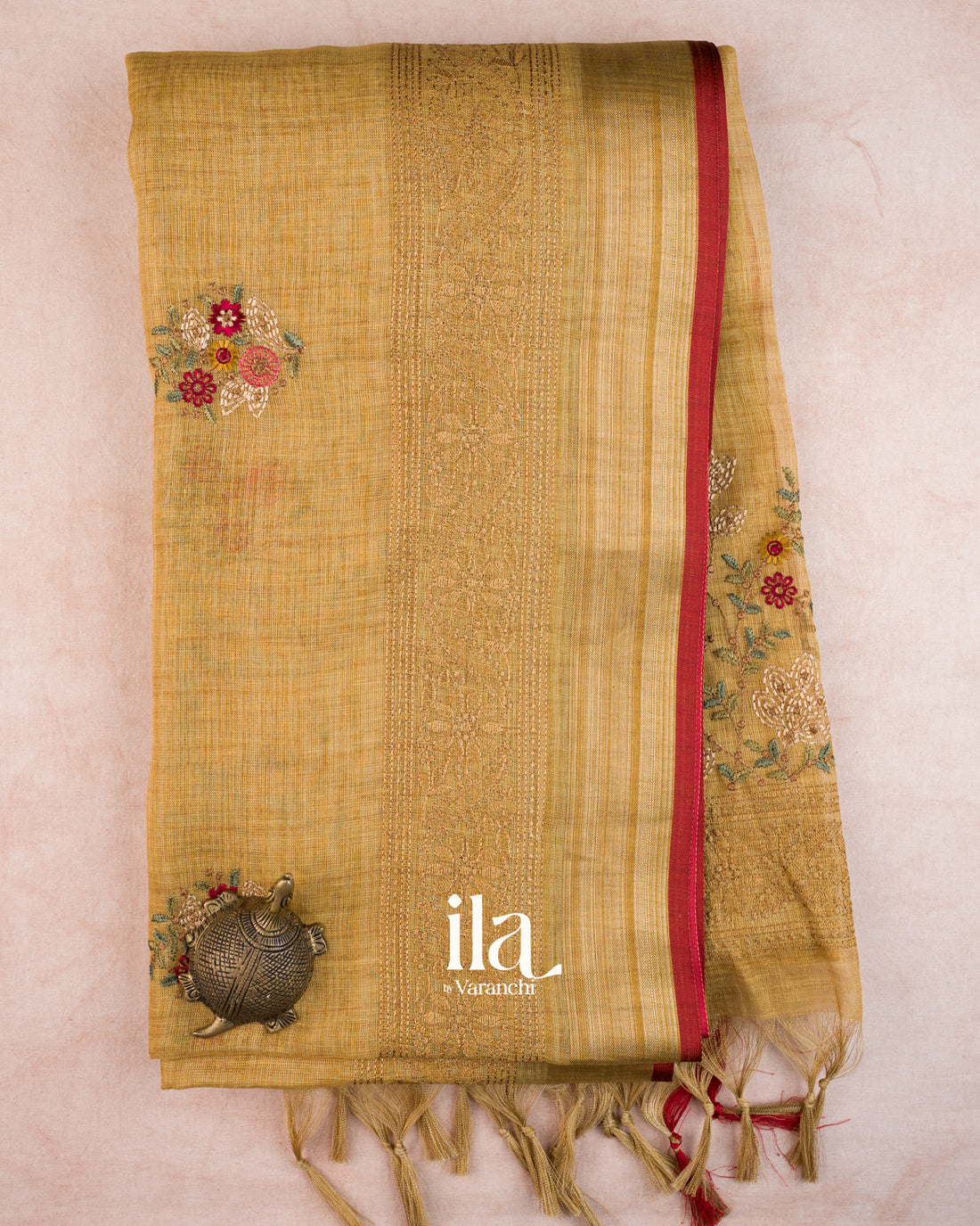 Muted Yellow Floral Embroidered Floral Semi Linen Saree — Full Saree