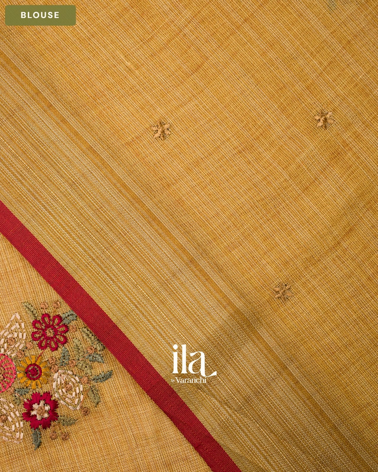 Muted Yellow Floral Embroidered Floral Semi Linen Saree — Blouse