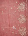 Coral Pink Floral Printed and Embroidered Semi Linen Tissue Saree