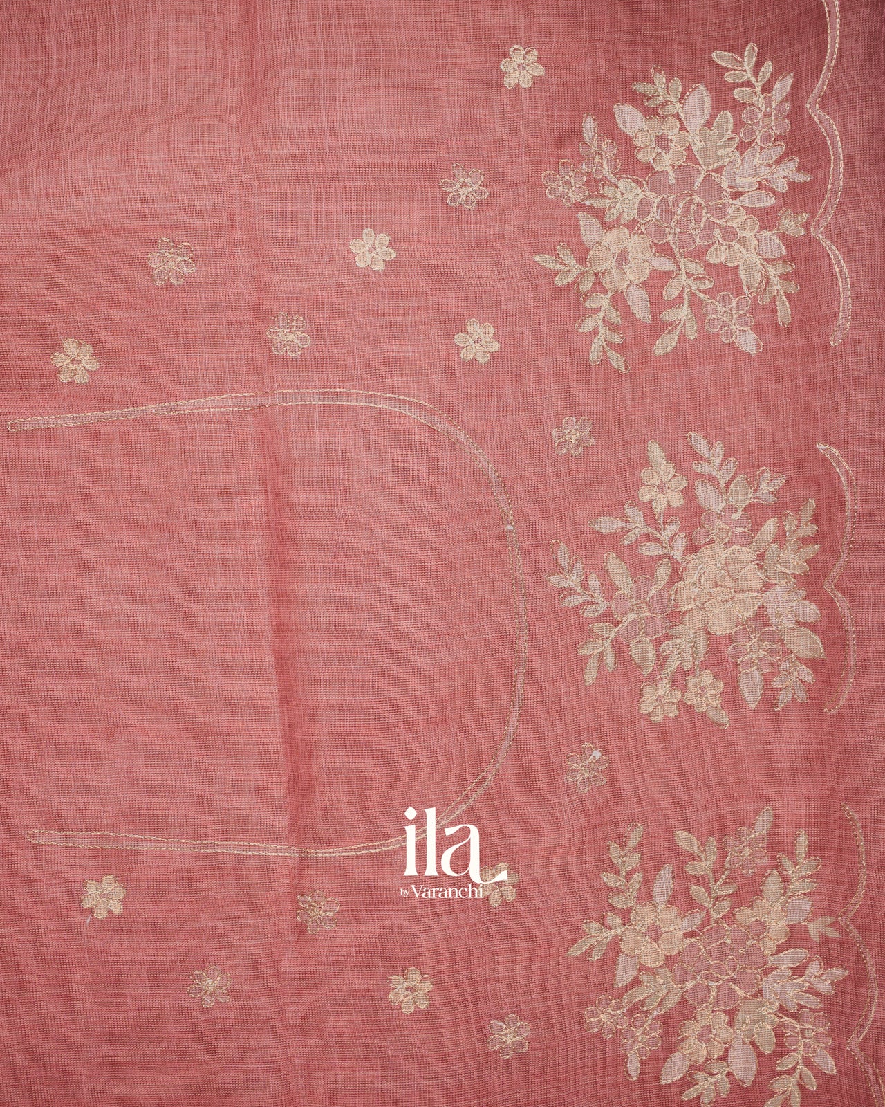 Coral Pink Floral Printed and Embroidered Semi Linen Tissue Saree