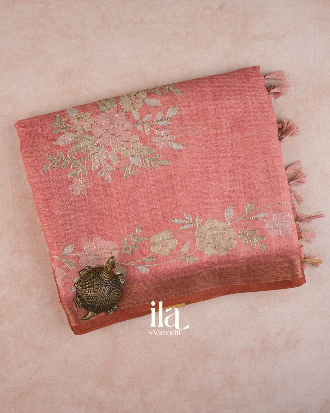 Coral Pink Floral Printed and Embroidered Semi Linen Tissue Saree