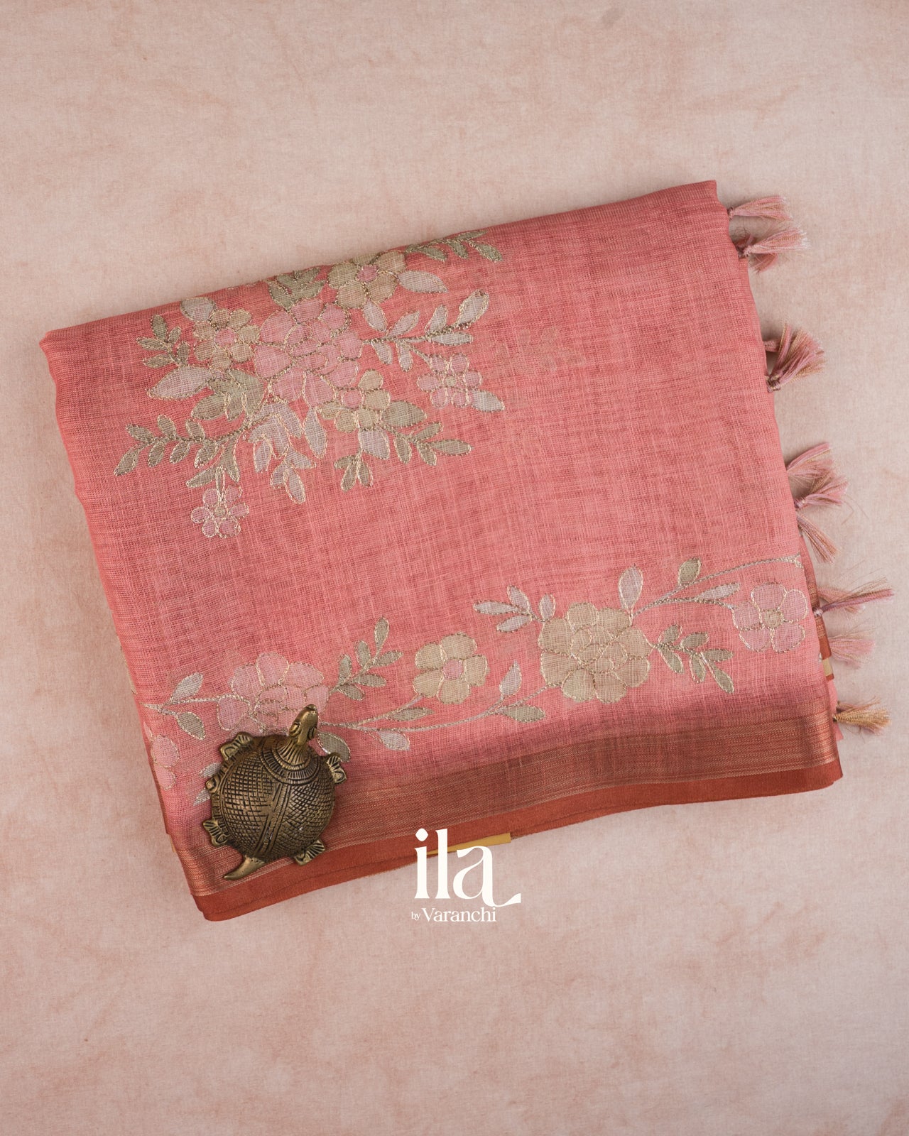 Coral Pink Floral Printed and Embroidered Semi Linen Tissue Saree