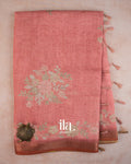 Coral Pink Floral Printed and Embroidered Semi Linen Tissue Saree