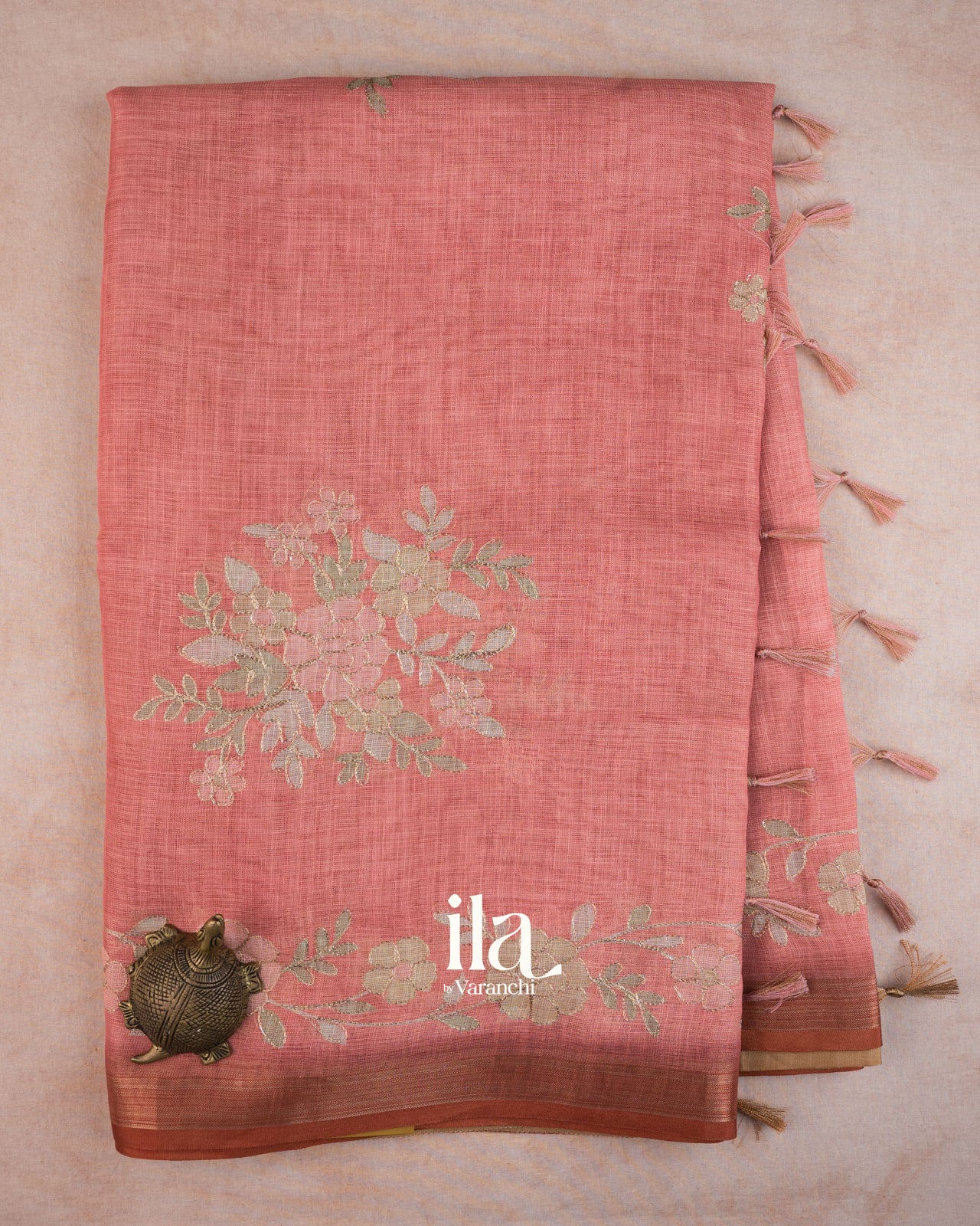 Coral Pink Floral Printed and Embroidered Semi Linen Tissue Saree
