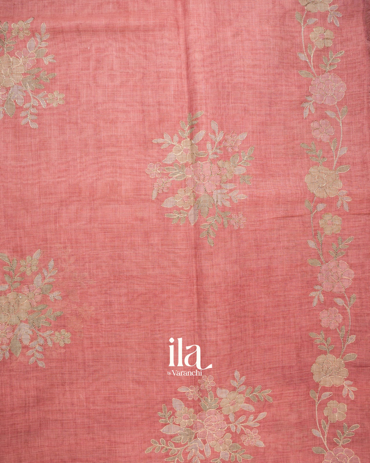 Coral Pink Floral Printed and Embroidered Semi Linen Tissue Saree