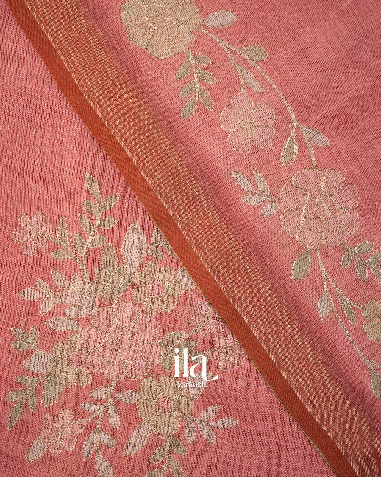 Coral Pink Floral Printed and Embroidered Semi Linen Tissue Saree