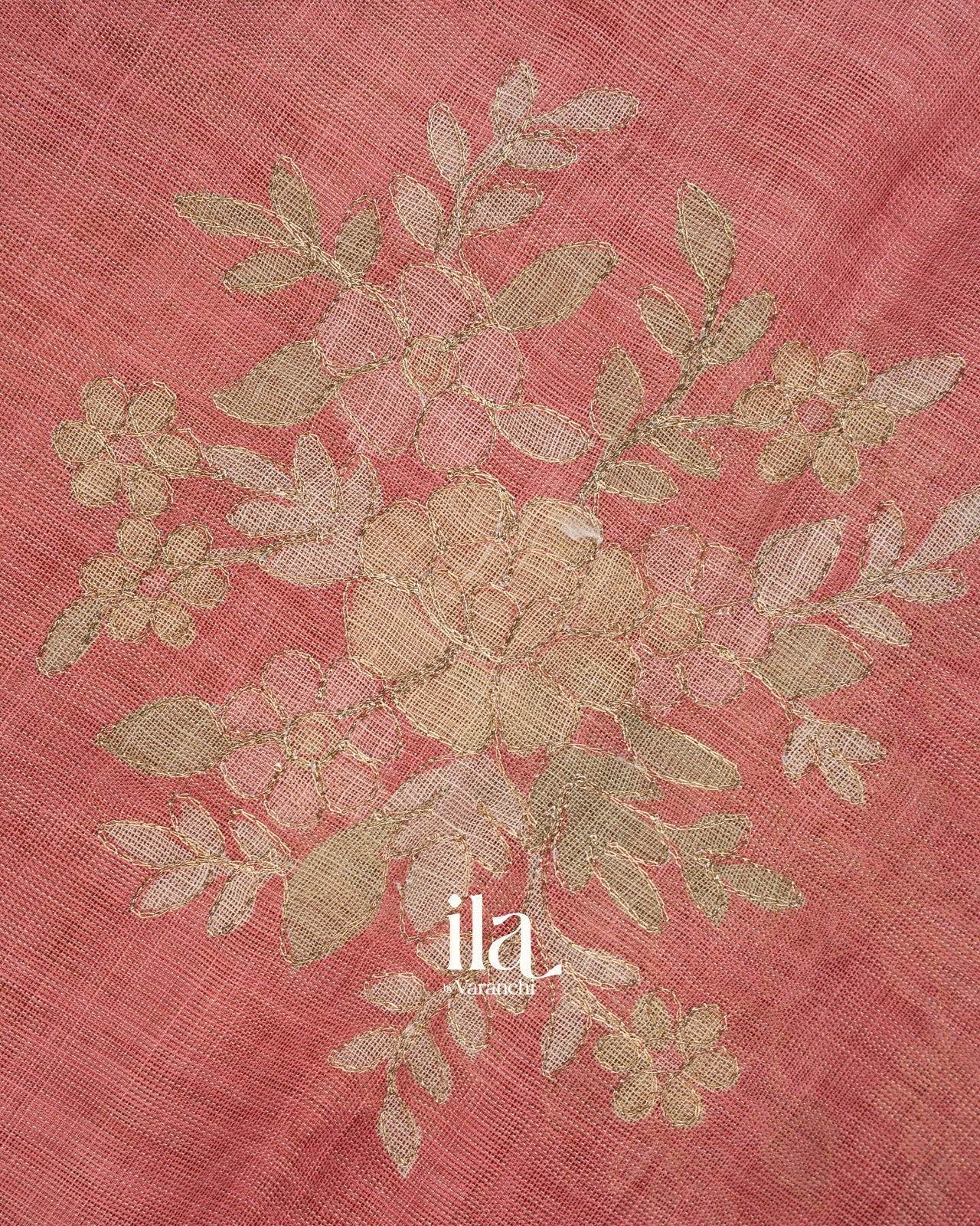 Coral Pink Floral Printed and Embroidered Semi Linen Tissue Saree