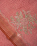 Coral Pink Floral Printed and Embroidered Semi Linen Tissue Saree