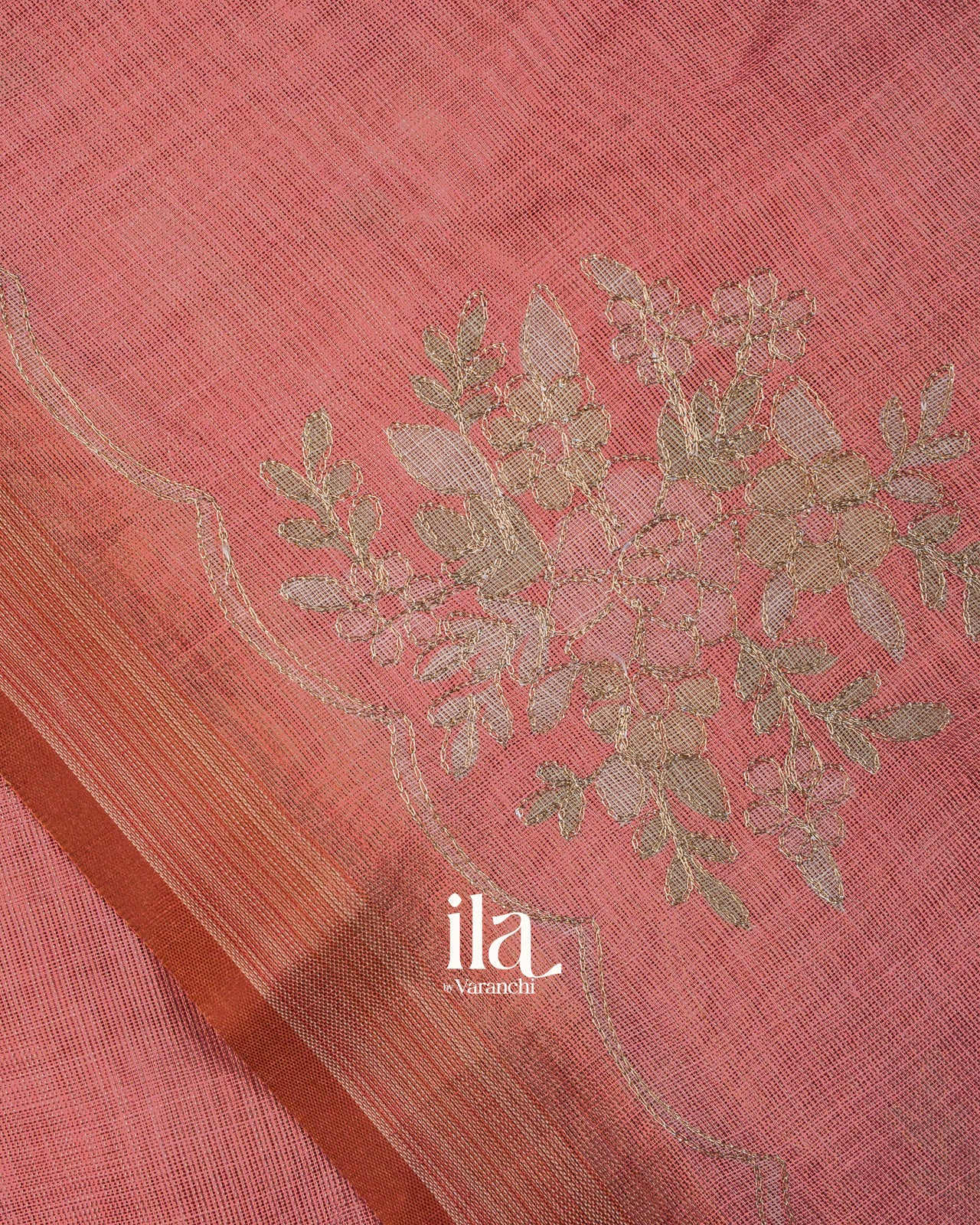 Coral Pink Floral Printed and Embroidered Semi Linen Tissue Saree